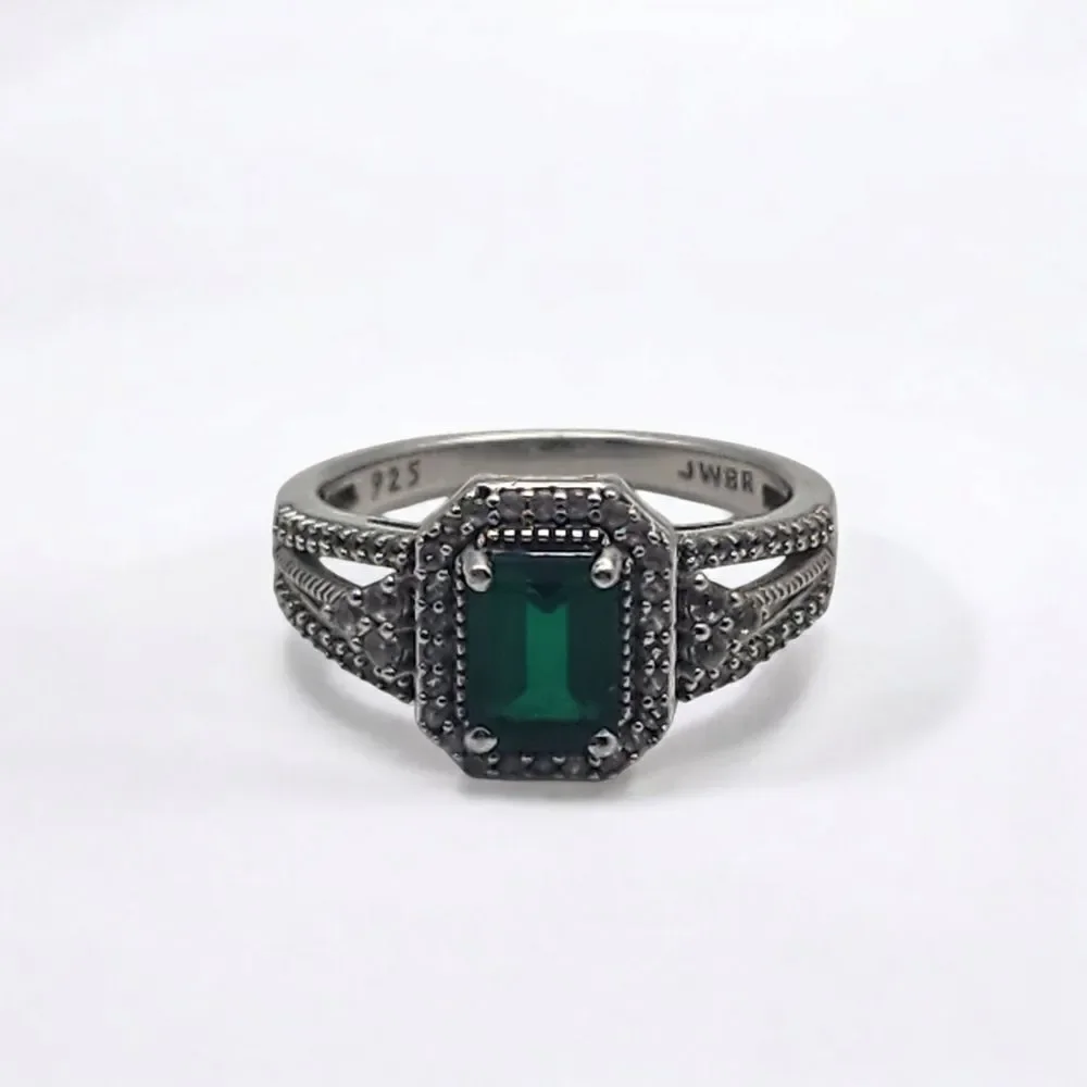 Renaissance Jewelry Lab Created Emerald & White Sapphire Sterling Silver Ring